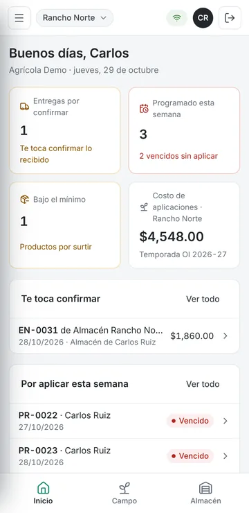terraone en el celular de un aplicador: entregas por confirmar y aplicaciones de la semana